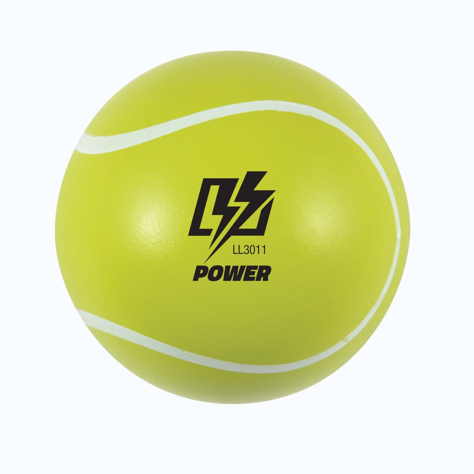 A tennis ball featuring "Power" logo in heat transfer vinyl and UV printing