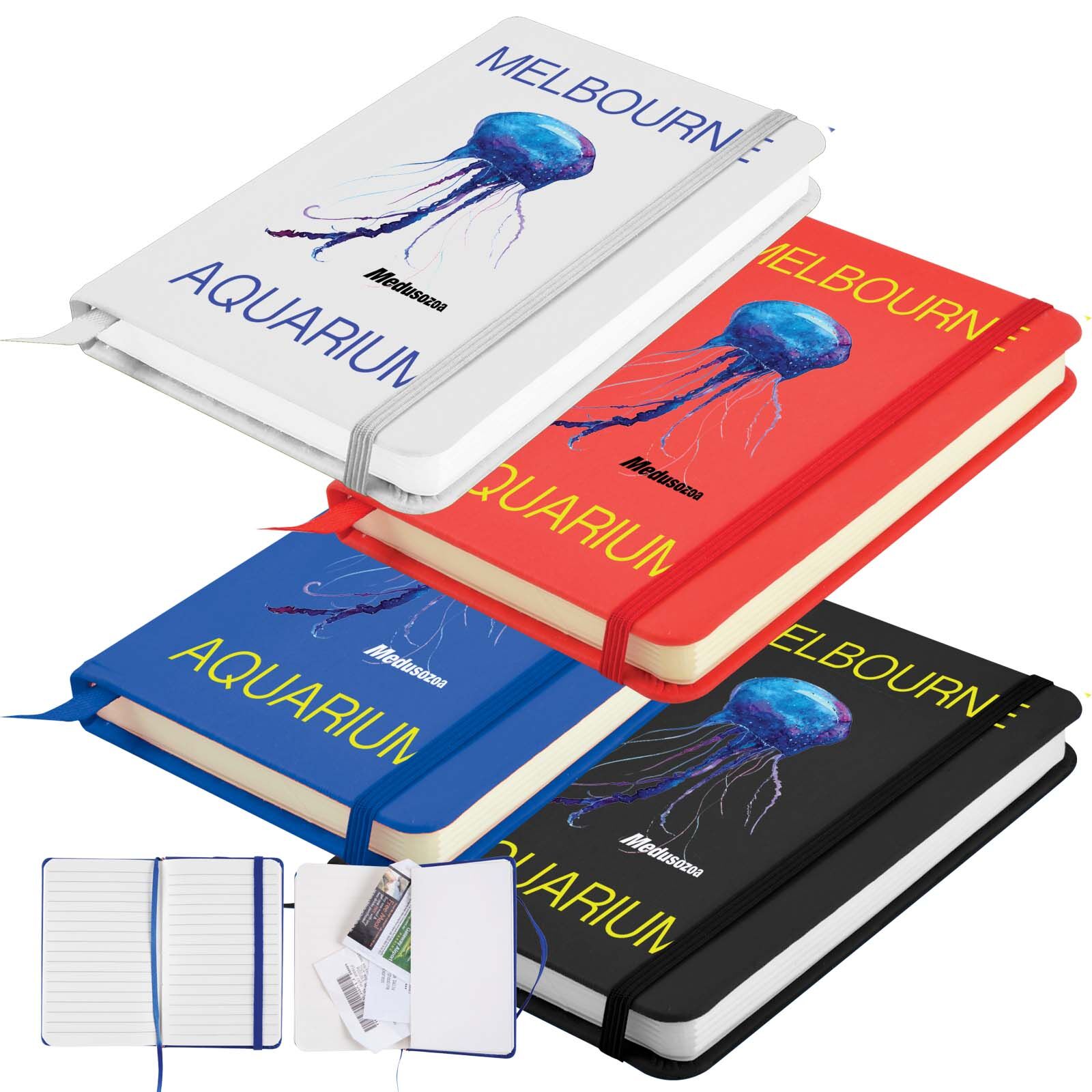 Softcover notebook with a vivid jellyfish embroidery and heat transfer vinyl printing