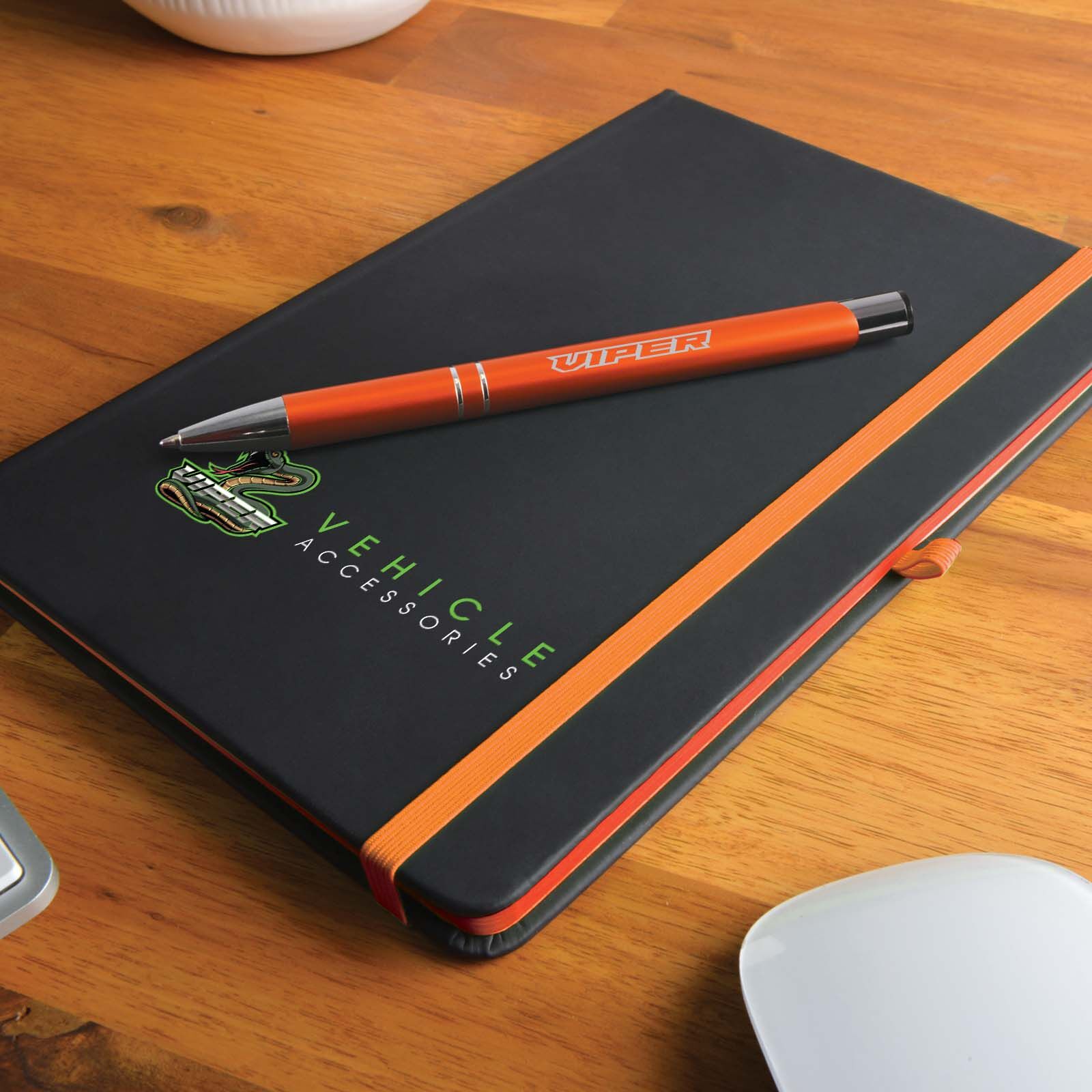 Planner Notebook and ballpen with logo in heat transfer vinyl & UV print Planner Notebook and ballpen with logo in heat transfer vinyl & UV print