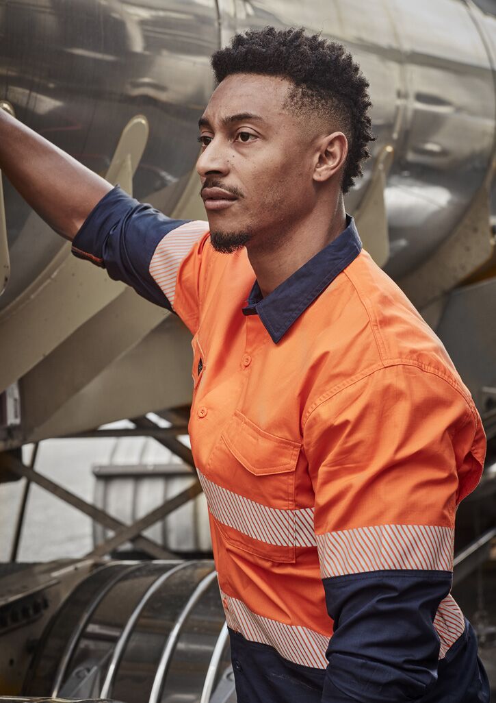 ZW229_Orange_Navy_Syzmik Mens Rugged Cooling Hi Vis Segmented Tape Long Sleeve Shirt Full View ZW229_Orange_Navy_Syzmik