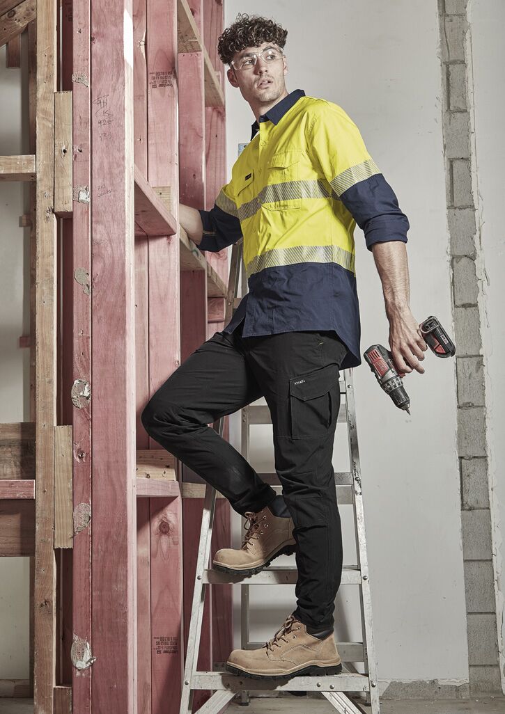 ZW229_Yellow_Navy_Syzmik Mens Rugged Cooling Hi Vis Segmented Tape Long Sleeve Shirt Full View ZW229_Yellow_Navy_Syzmik