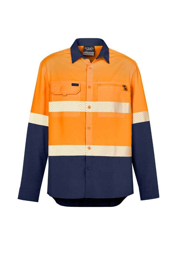 ZW470_Orange_Navy_Syzmik Mens Hi Vis Outdoor Segmented Tape Long Sleeve Shirt Front ZW470_Orange_Navy_Syzmik Mens Hi Vis Outdoor Segmented Tape Long Sleeve Shirt Front