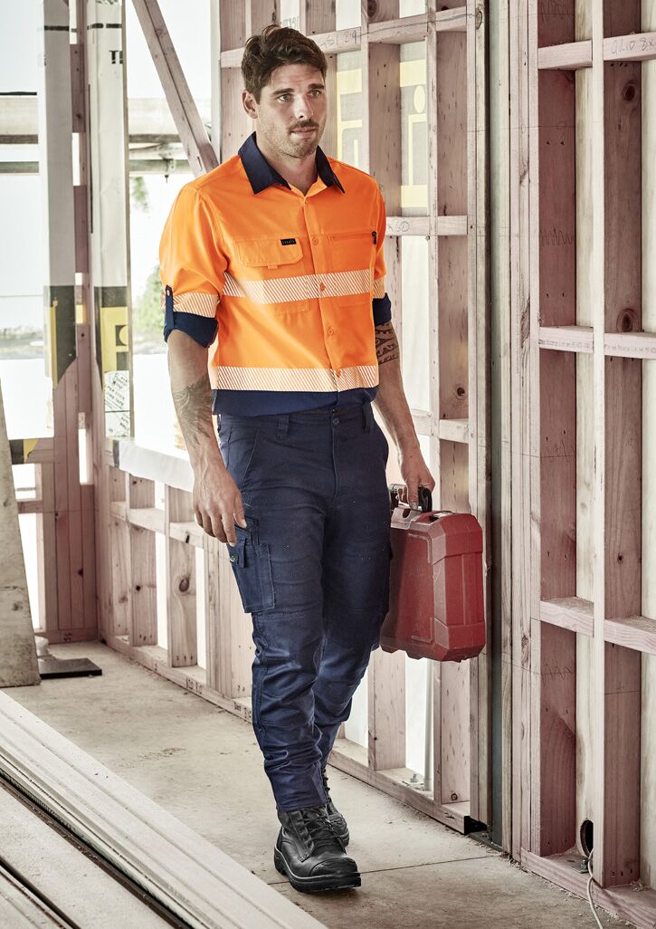 ZW470_Orange_Navy_Syzmik Mens Hi Vis Outdoor Segmented Tape Long Sleeve Shirt Full view ZW470_Orange_Navy_Syzmik