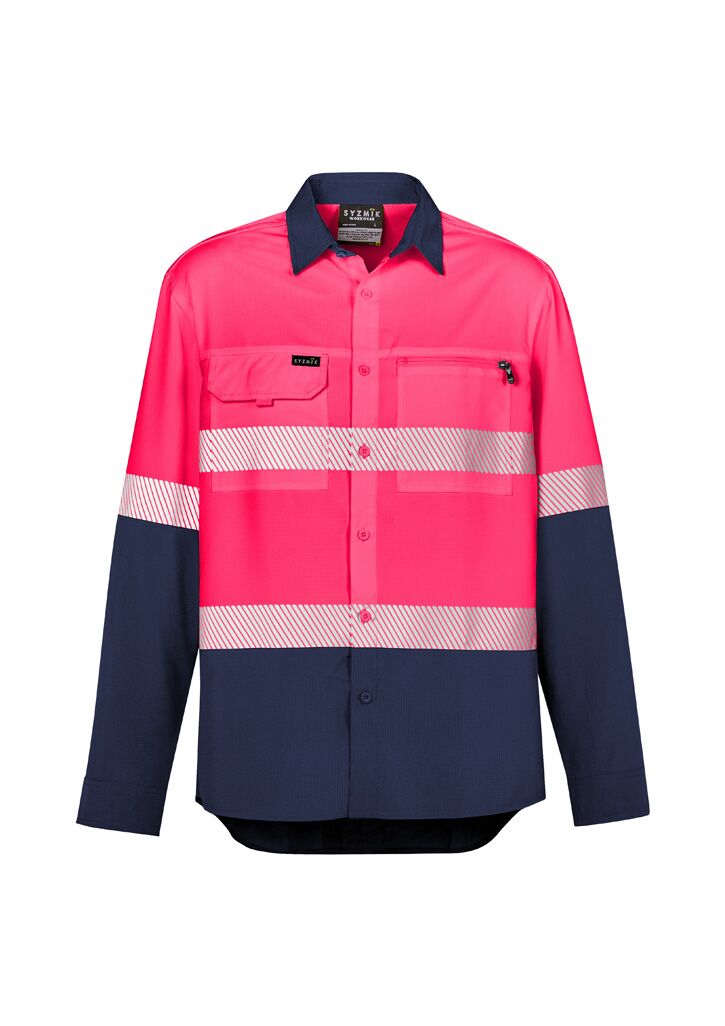 ZW470_Pink_Navy_Syzmik Mens Hi Vis Outdoor Segmented Tape Long Sleeve Shirt Front ZW470_Pink_Navy_Syzmik Mens Hi Vis Outdoor Segmented Tape Long Sleeve Shirt Front