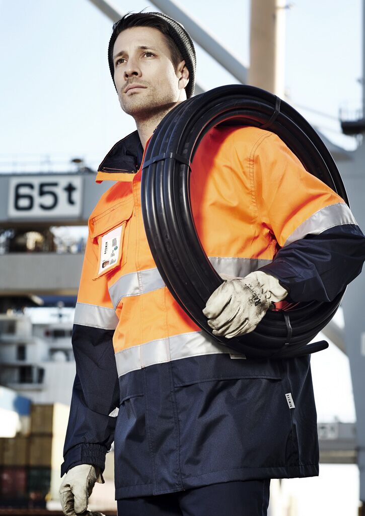 ZJ357_Syzmik Mens Hi Vis Ultralite Waterproof Jacket Orange/Navy Full front pic ZJ357_Syzmik Mens Hi Vis Ultralite Waterproof Jacket Orange/Navy Full front pic