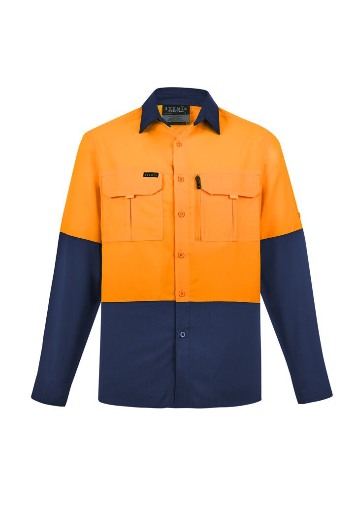 ZW468_Orange_Navy_Syzmik Mens Hi Vis Outdoor Long Sleeve Shirt Front