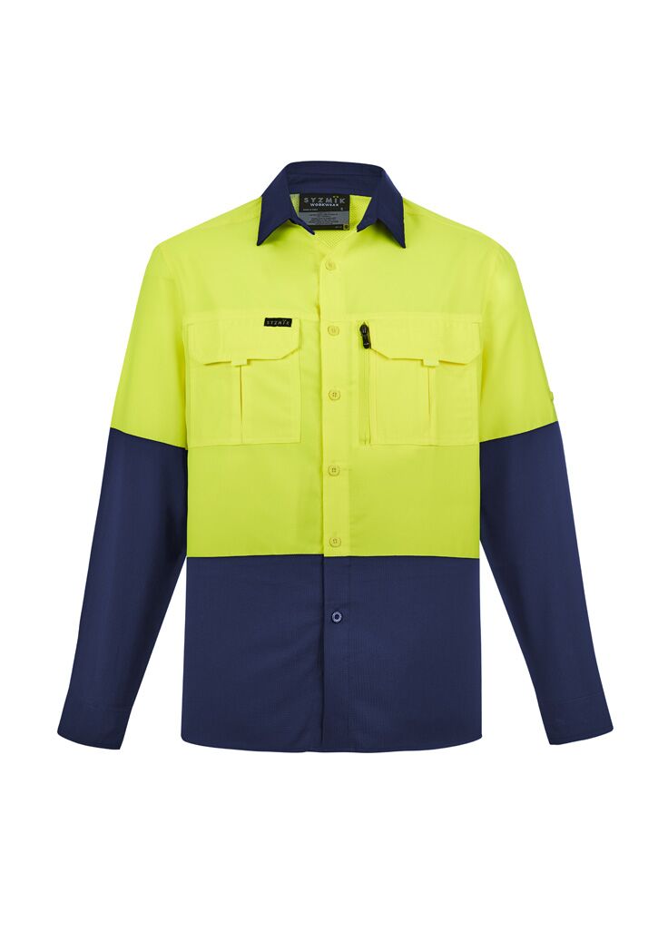 ZW468_Yellow_Navy_Syzmik Mens Hi Vis Outdoor Long Sleeve Shirt Front ZW468_Yellow_Navy_Syzmik Mens Hi Vis Outdoor Long Sleeve Shirt Front