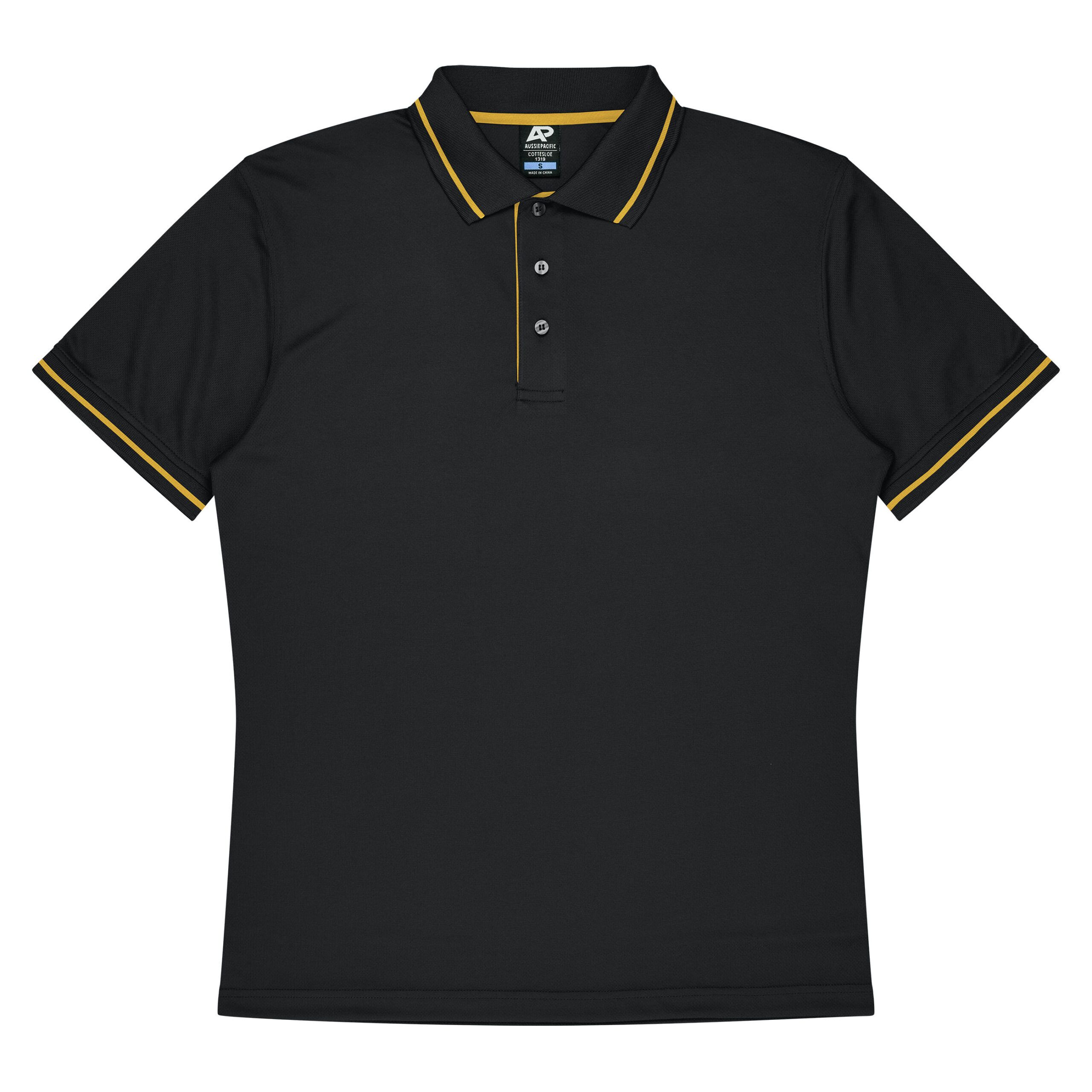 CBWM: Polo Shirt - Cottesloe Black-Gold Front for UV Printing and Embroidery designs CBWM: Polo Shirt - Cottesloe Black-Gold Front for UV Printing and Embroidery designs