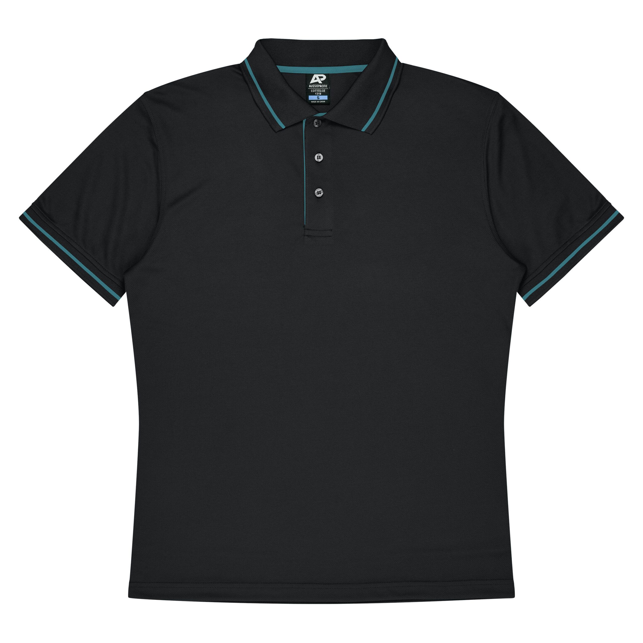 CBWM: Polo Shirt - Cottesloe Black-Teal Front for UV Printing and Embroidery designs CBWM: Polo Shirt - Cottesloe Black-Teal Front for UV Printing and Embroidery designs